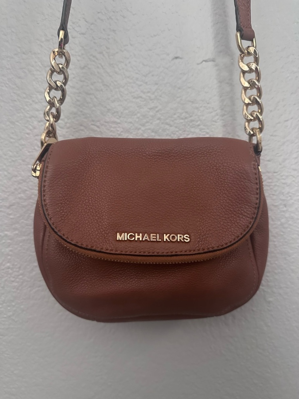 Michael Kors Brown Leather Crossbody with Gold Chain